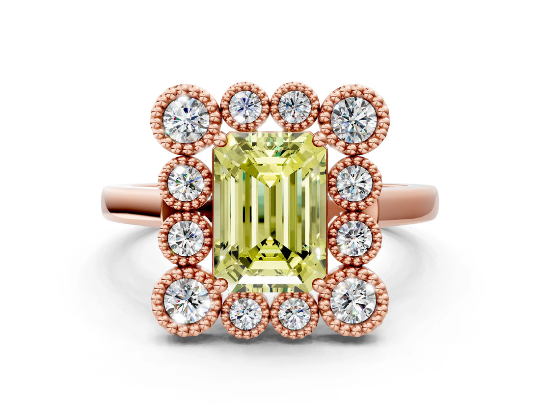 Rose gold Fancy Yellow Emerald  Halo Diamond Cluster Engagement Ring with Milgrain Bezel Setting and Solitaire Band_27