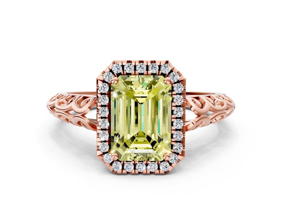 Rose gold Fancy Yellow Emerald  Halo Diamond Engagement Ring with Intricate Filigree Band and Four-Prong Setting_37