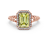 Rose gold Fancy Yellow Emerald  Halo Diamond Engagement Ring with Intricate Filigree Band and Four-Prong Setting_37