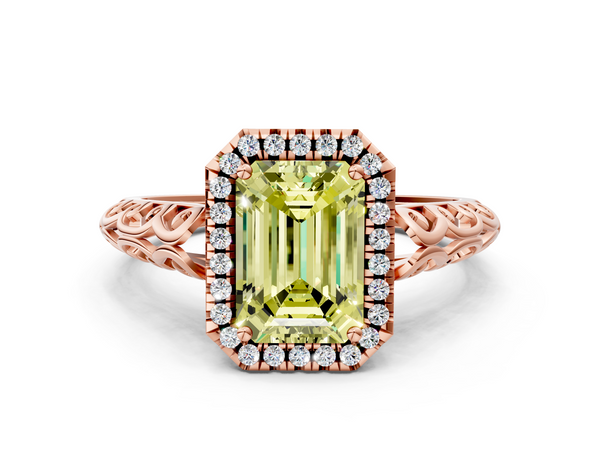 Rose gold Fancy Yellow Emerald  Halo Diamond Engagement Ring with Intricate Filigree Band and Four-Prong Setting