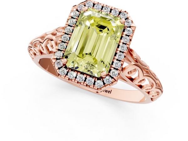 Rose gold Fancy Yellow Emerald  Halo Diamond Engagement Ring with Intricate Filigree Band and Four-Prong Setting