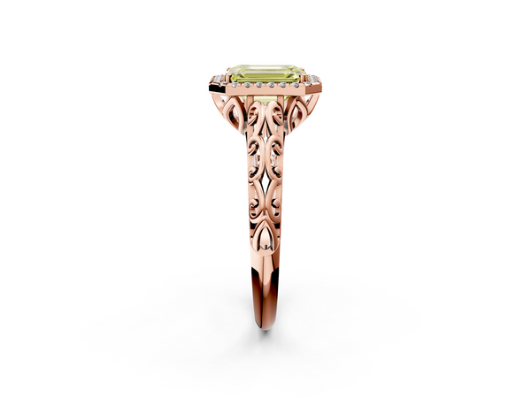 Rose gold Fancy Yellow Emerald  Halo Diamond Engagement Ring with Intricate Filigree Band and Four-Prong Setting