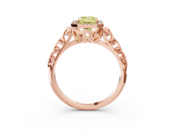 Rose gold Fancy Yellow Emerald  Halo Diamond Engagement Ring with Intricate Filigree Band and Four-Prong Setting