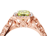 Rose gold Fancy Yellow Emerald  Halo Diamond Engagement Ring with Intricate Filigree Band and Four-Prong Setting_41