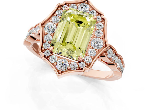 Rose gold Fancy Yellow Emerald  Halo Diamond Engagement Ring with Milgrain Band and Four-Prong Setting