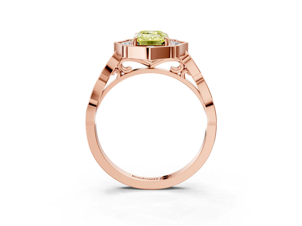 Rose gold Fancy Yellow Emerald  Halo Diamond Engagement Ring with Milgrain Band and Four-Prong Setting