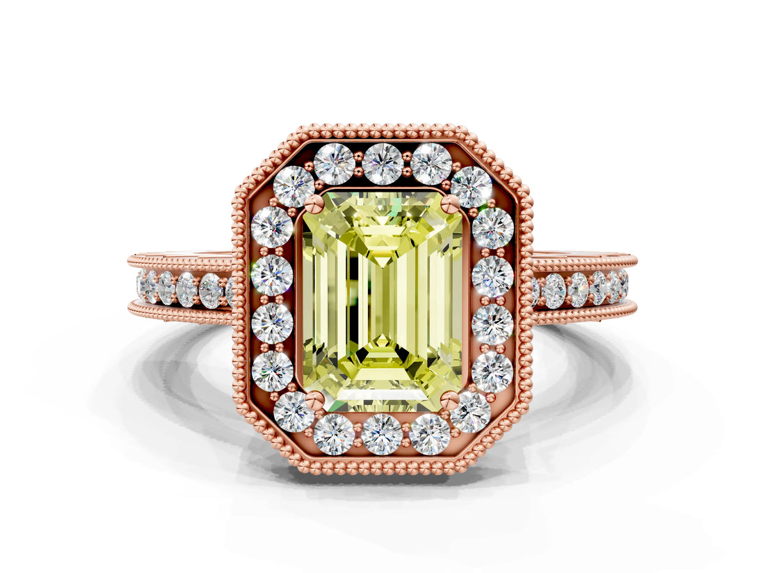 Rose gold Fancy Yellow Emerald  Halo Diamond Engagement Ring with Milgrain Pave Band and Four-Prong Setting_99