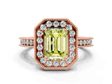 Rose gold Fancy Yellow Emerald  Halo Diamond Engagement Ring with Milgrain Pave Band and Four-Prong Setting_99