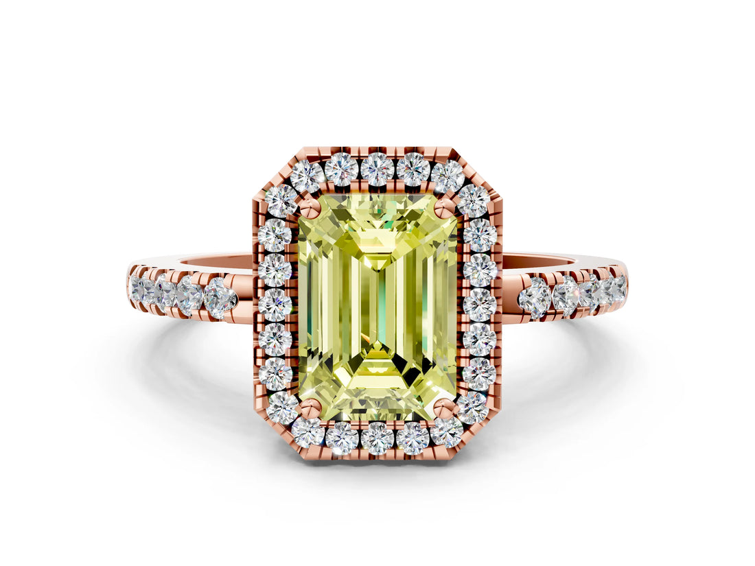 Rose gold Fancy Yellow Emerald  Halo Diamond Engagement Ring with Pavé Band and Four-Prong Setting_87