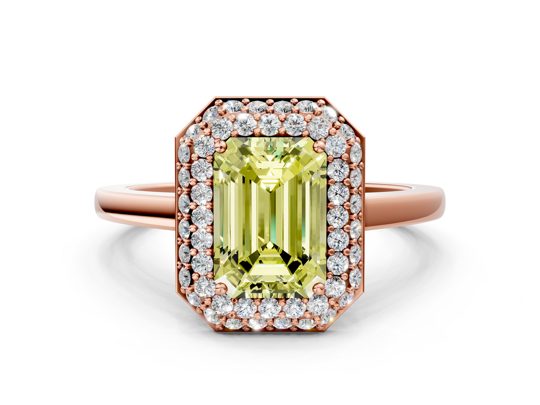 Rose gold Fancy Yellow Emerald  Halo Diamond Engagement Ring with Solitaire Band and Four-Prong Setting_19