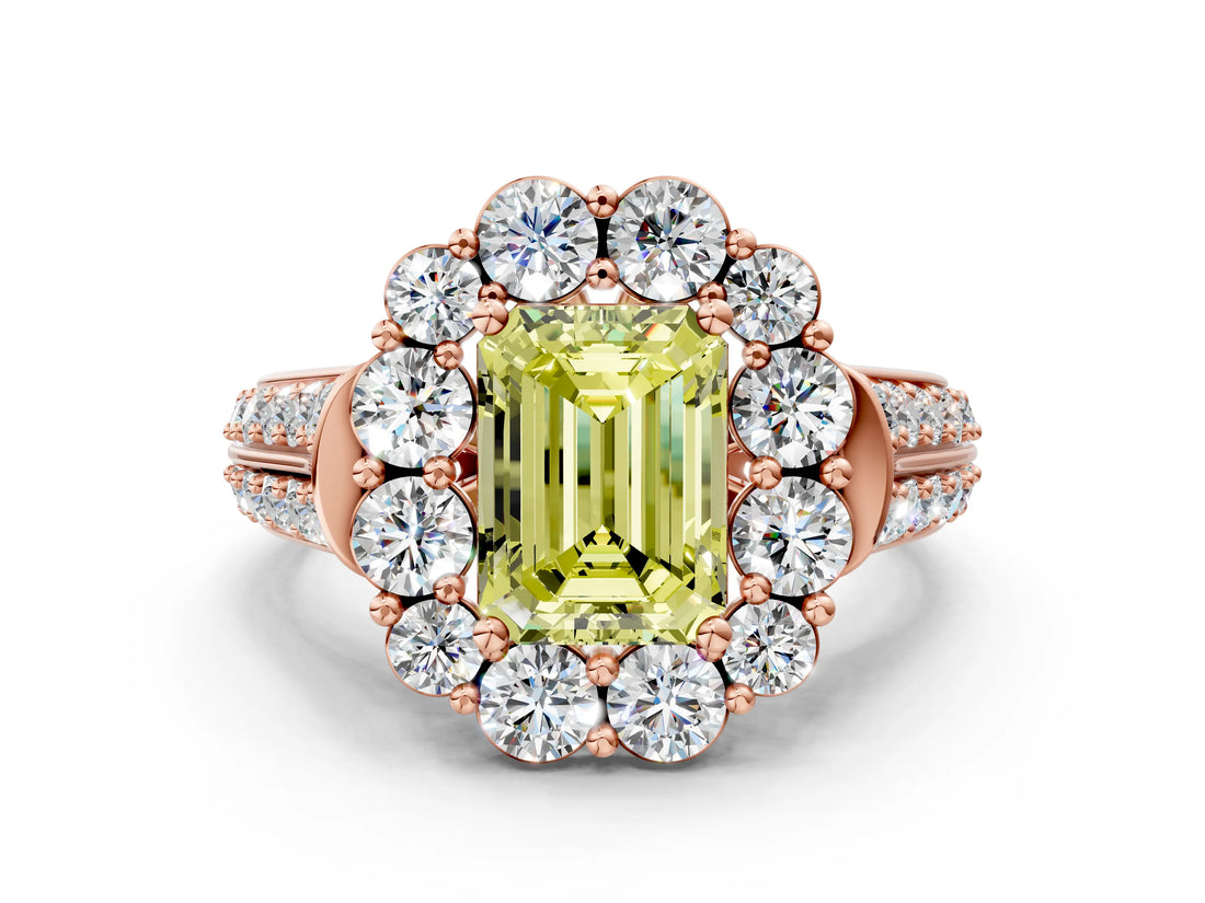Rose gold Fancy Yellow Emerald  Halo Diamond Engagement Ring with Split Shank and Prong Setting_66