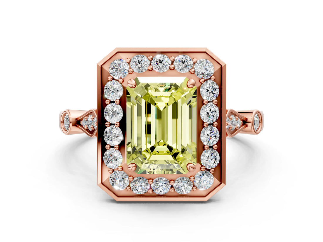 Rose gold Fancy Yellow Emerald  Halo Diamond Engagement Ring with Twisted Band and Four-Prong Setting 1