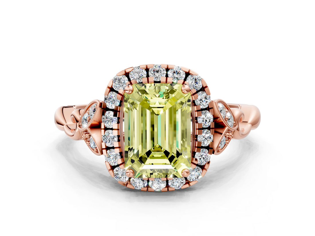 Rose gold Fancy Yellow Emerald  Halo Diamond Engagement Ring with Vintage-Inspired Band and Four-Prong Setting_3