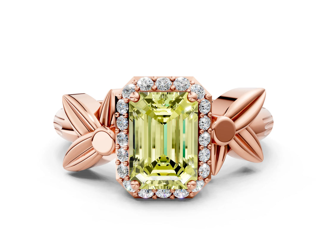 Rose gold Fancy Yellow Emerald  Halo Diamond Floral Band with Four-Prong Setting_55
