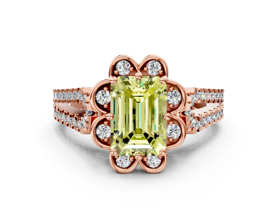 Rose gold Fancy Yellow Emerald  Halo Diamond Floral Split Shank Engagement Ring 1