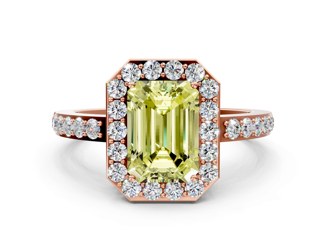 Rose gold Fancy Yellow Emerald  Halo Diamond Pavé Band Ring with Prong Setting_20