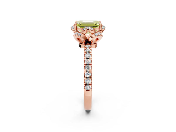 Rose gold Fancy Yellow Emerald  Halo Diamond Pave Band Ring with Four-Prong Setting