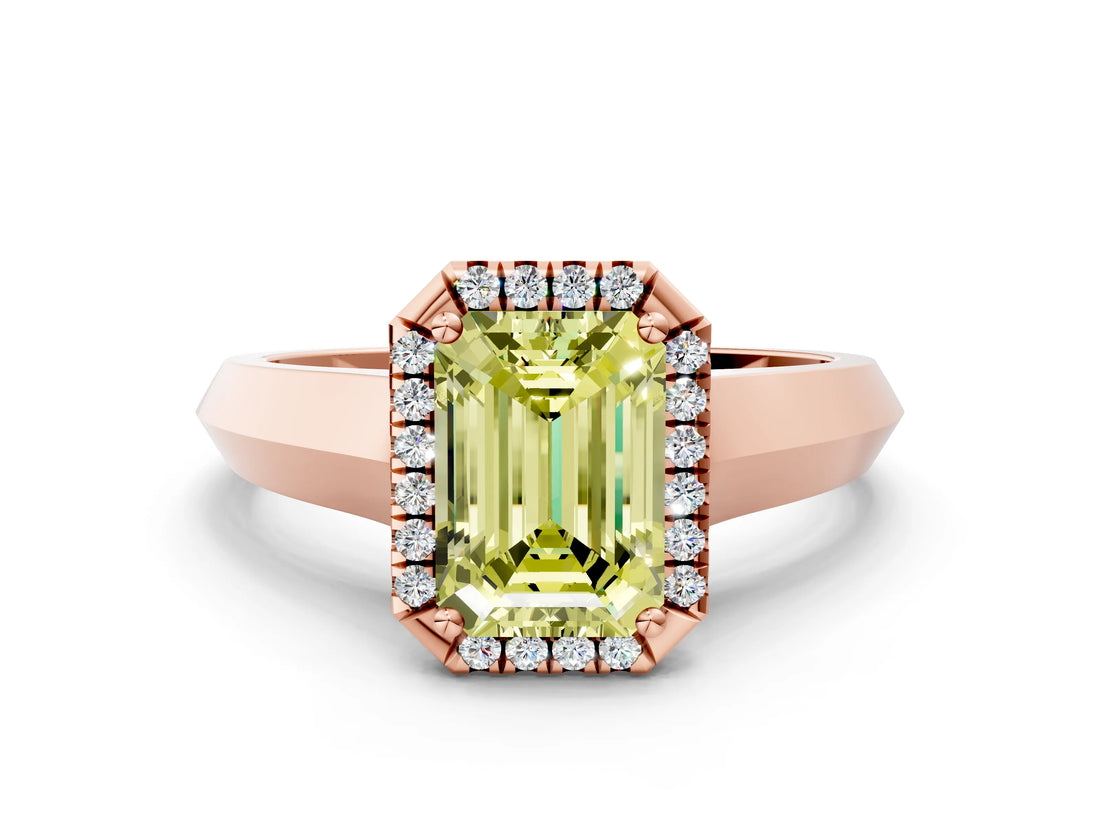 Rose gold Fancy Yellow Emerald  Halo Diamond Ring with Cathedral Band and Four-Prong Setting_49