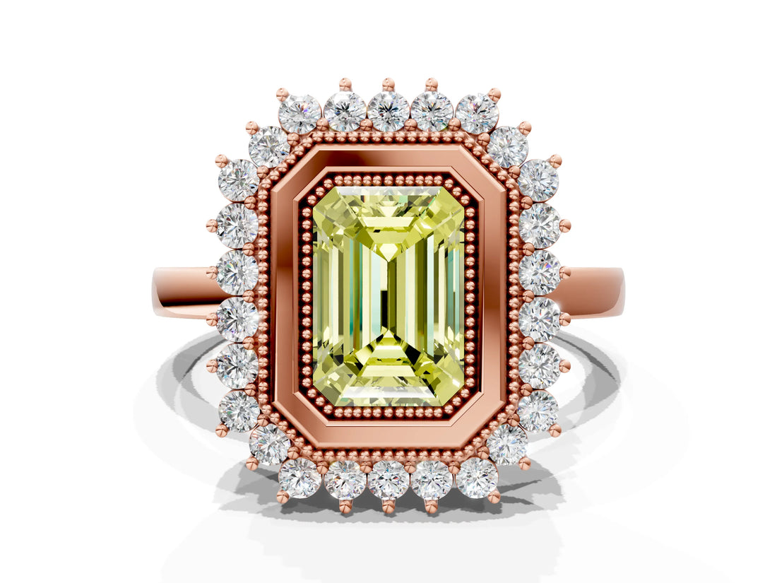 Rose gold Fancy Yellow Emerald  Halo Diamond Ring with Milgrain Edge and Round Prong Setting_26