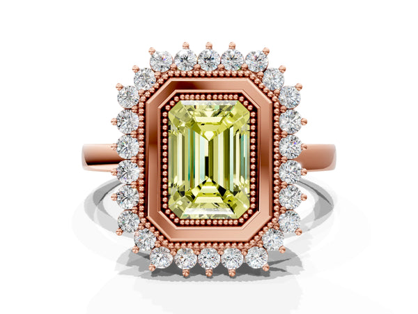 Rose gold Fancy Yellow Emerald  Halo Diamond Ring with Milgrain Edge and Round Prong Setting