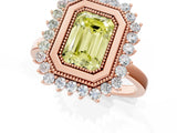 Rose gold Fancy Yellow Emerald  Halo Diamond Ring with Milgrain Edge and Round Prong Setting_27