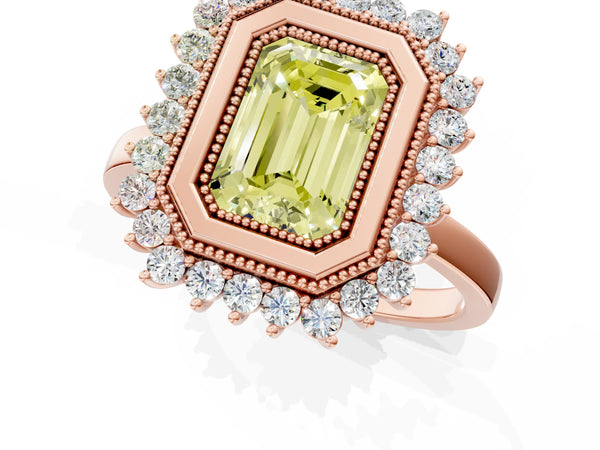 Rose gold Fancy Yellow Emerald  Halo Diamond Ring with Milgrain Edge and Round Prong Setting