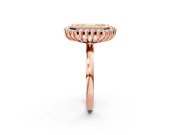 Rose gold Fancy Yellow Emerald  Halo Diamond Ring with Milgrain Edge and Round Prong Setting