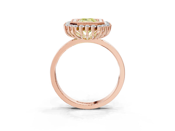 Rose gold Fancy Yellow Emerald  Halo Diamond Ring with Milgrain Edge and Round Prong Setting