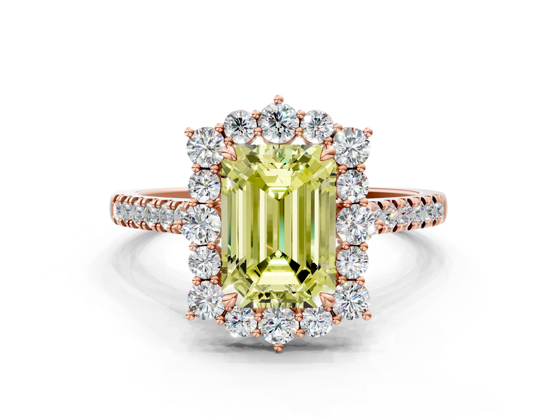 Rose gold Fancy Yellow Emerald  Halo Diamond Ring with Pavé Band and Prong Setting_20