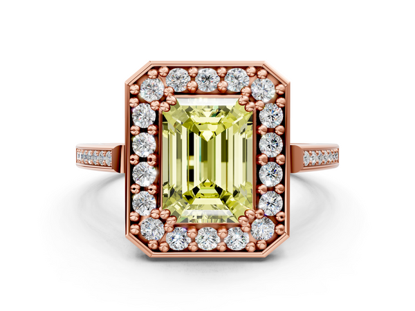 Rose gold Fancy Yellow Emerald Cut Diamond Halo Ring with Split Shank and Four-Prong Setting