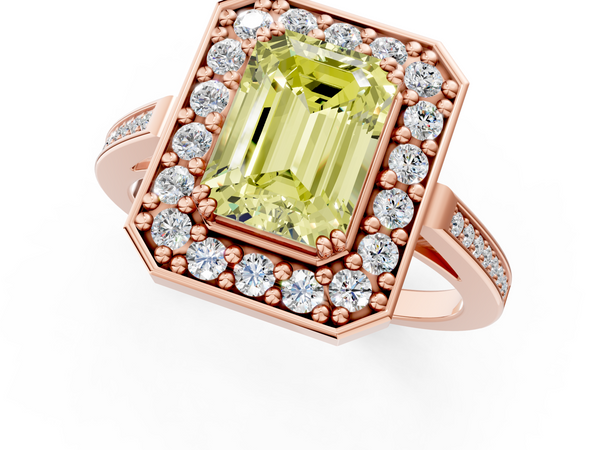 Rose gold Fancy Yellow Emerald Cut Diamond Halo Ring with Split Shank and Four-Prong Setting
