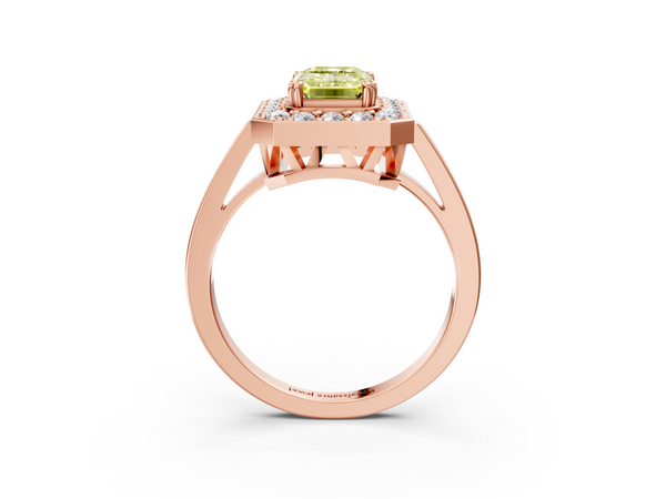 Rose gold Fancy Yellow Emerald Cut Diamond Halo Ring with Split Shank and Four-Prong Setting