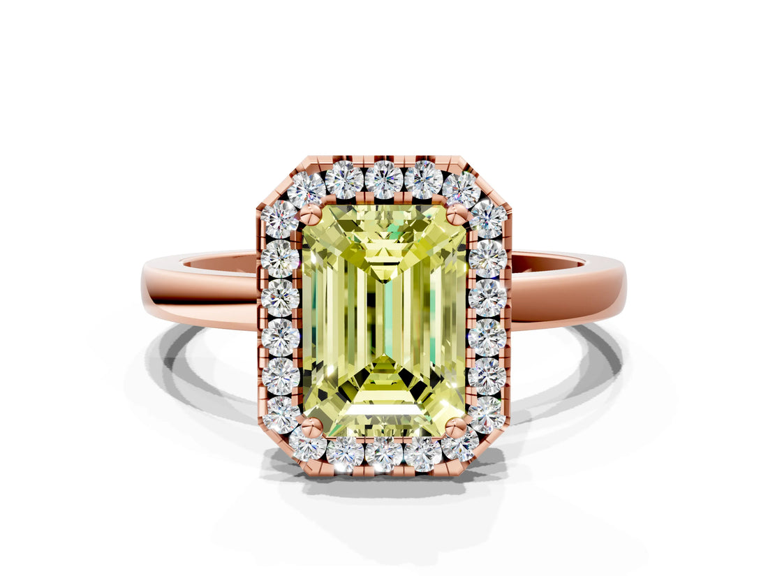 Rose gold Fancy Yellow Emerald  Halo Diamond Solitaire with Pavé Band and Four-Prong Setting_92