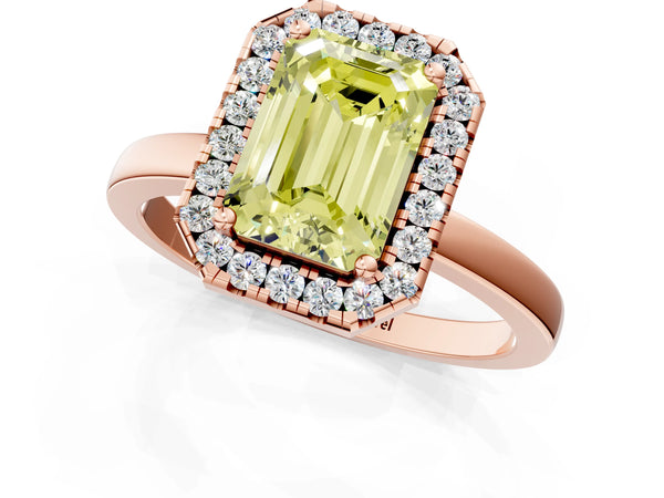 Rose gold Fancy Yellow Emerald  Halo Diamond Solitaire with Pavé Band and Four-Prong Setting