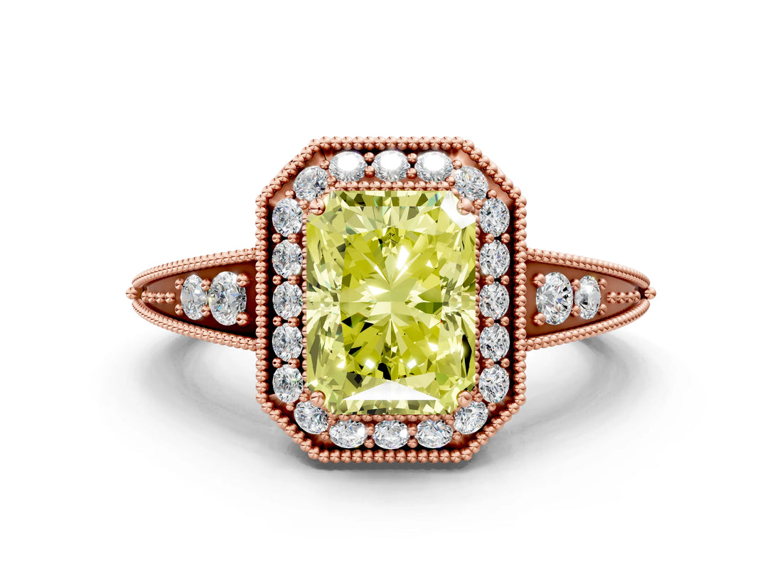 Rose gold Fancy Yellow Emerald  Halo Diamond Split Shank Ring with Milgrain Detail_48
