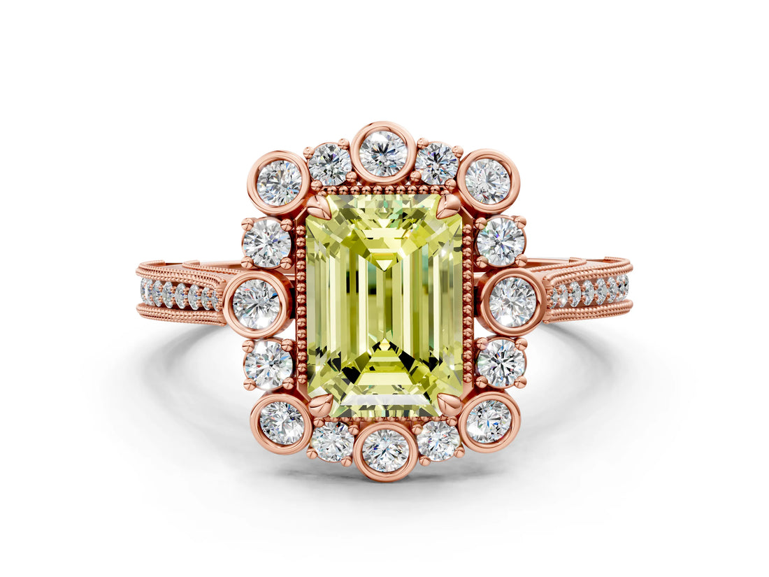 Rose gold Fancy Yellow Emerald  Halo Milgrain Pave Diamond Ring with Four-Prong Setting 1