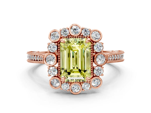 Rose gold Fancy Yellow Emerald  Halo Milgrain Pave Diamond Ring with Four-Prong Setting