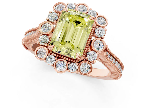Rose gold Fancy Yellow Emerald  Halo Milgrain Pave Diamond Ring with Four-Prong Setting