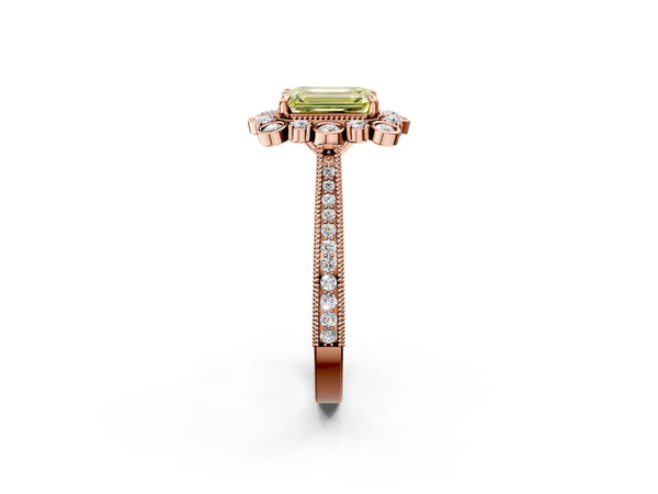 Rose gold Fancy Yellow Emerald  Halo Milgrain Pave Diamond Ring with Four-Prong Setting