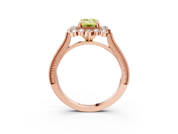 Rose gold Fancy Yellow Emerald  Halo Milgrain Pave Diamond Ring with Four-Prong Setting