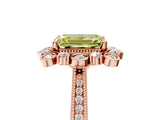 Rose gold Fancy Yellow Emerald  Halo Milgrain Pave Diamond Ring with Four-Prong Setting