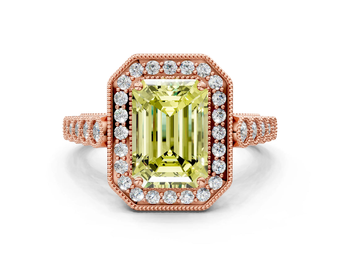 Rose gold Fancy Yellow Emerald  Halo Milgrain Solitaire with Bezel Set Side Stones and Pave Band_32