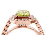 Rose gold Fancy Yellow Emerald  Halo Milgrain Solitaire with Bezel Set Side Stones and Pave Band_36
