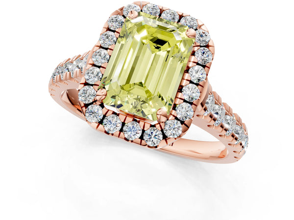 Rose gold Fancy Yellow Emerald  Halo Pavé Diamond Engagement Ring with Four-Prong Setting