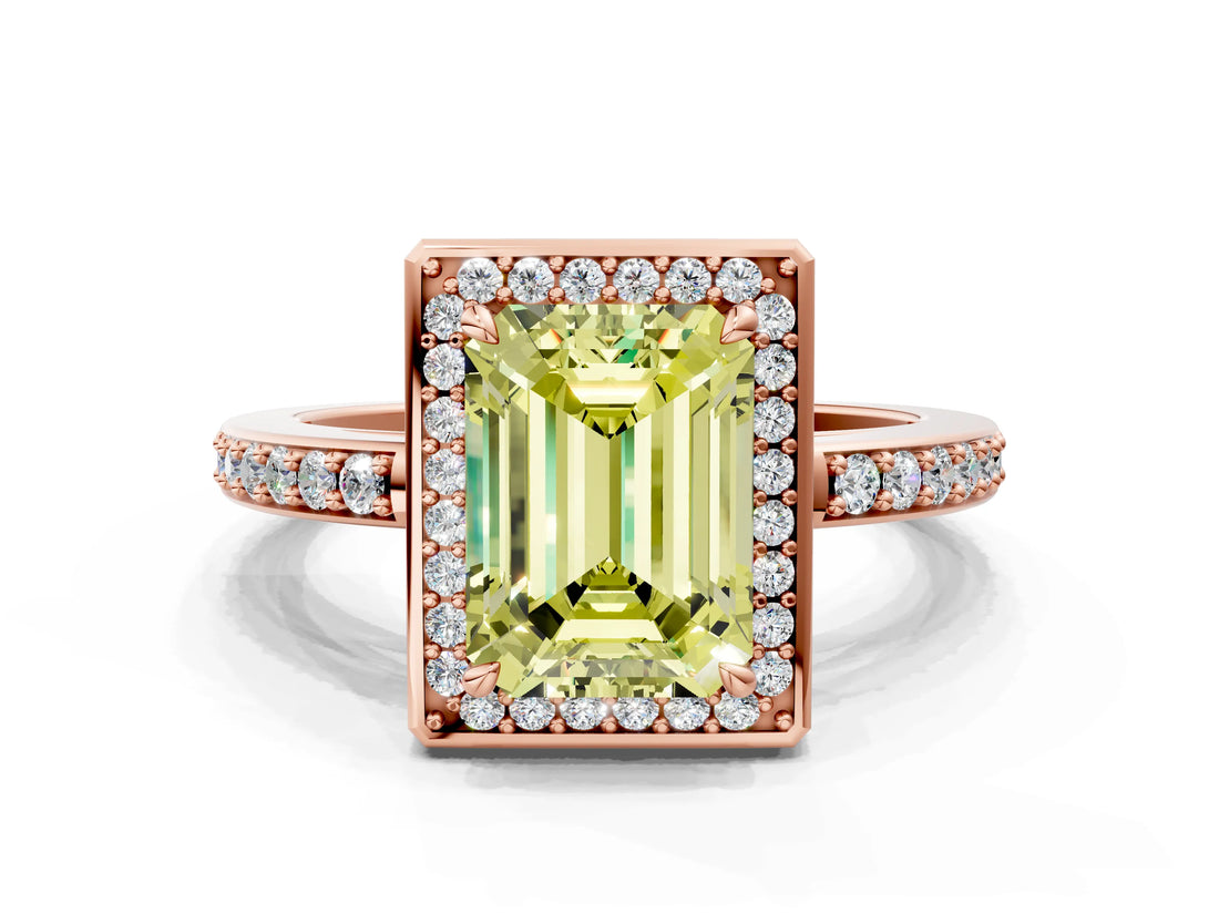 Rose gold Fancy Yellow Emerald  Halo Pave Band Solitaire Ring with Prong Setting_66