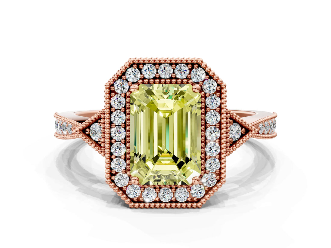 Rose gold Fancy Yellow Emerald  Halo Round Diamond Milgrain Pave Engagement Ring_3