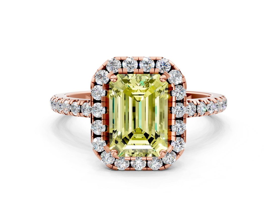 Rose gold Fancy Yellow Emerald  Halo Round Diamond Pavé Band Four-Prong Ring_3