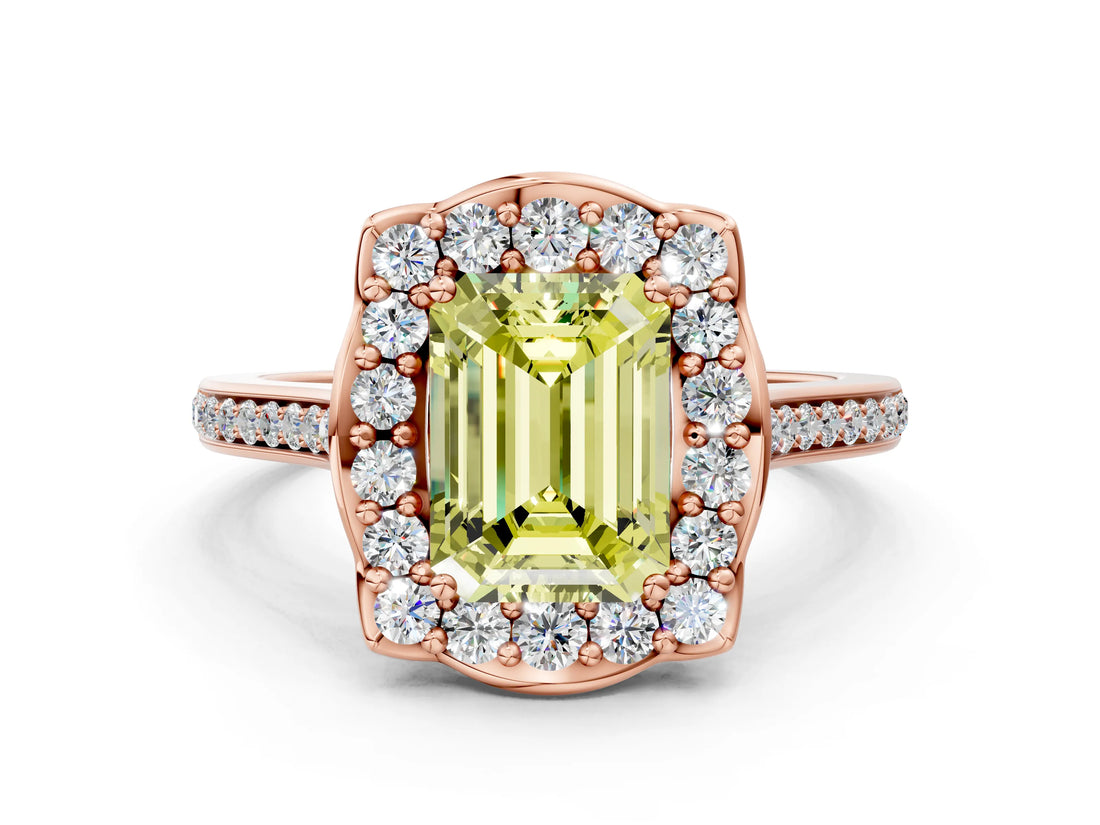 Rose gold Fancy Yellow Emerald  Halo Round Diamond Pave Band with Four-Prong Setting_38