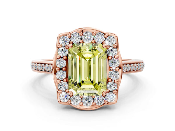 Rose gold Fancy Yellow Emerald  Halo Round Diamond Pave Band with Four-Prong Setting