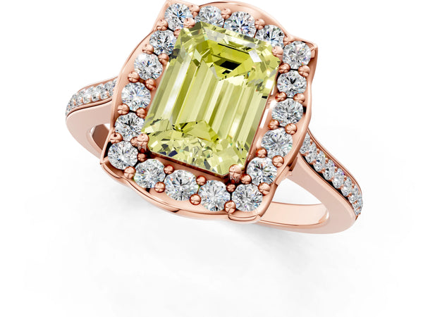 Rose gold Fancy Yellow Emerald  Halo Round Diamond Pave Band with Four-Prong Setting